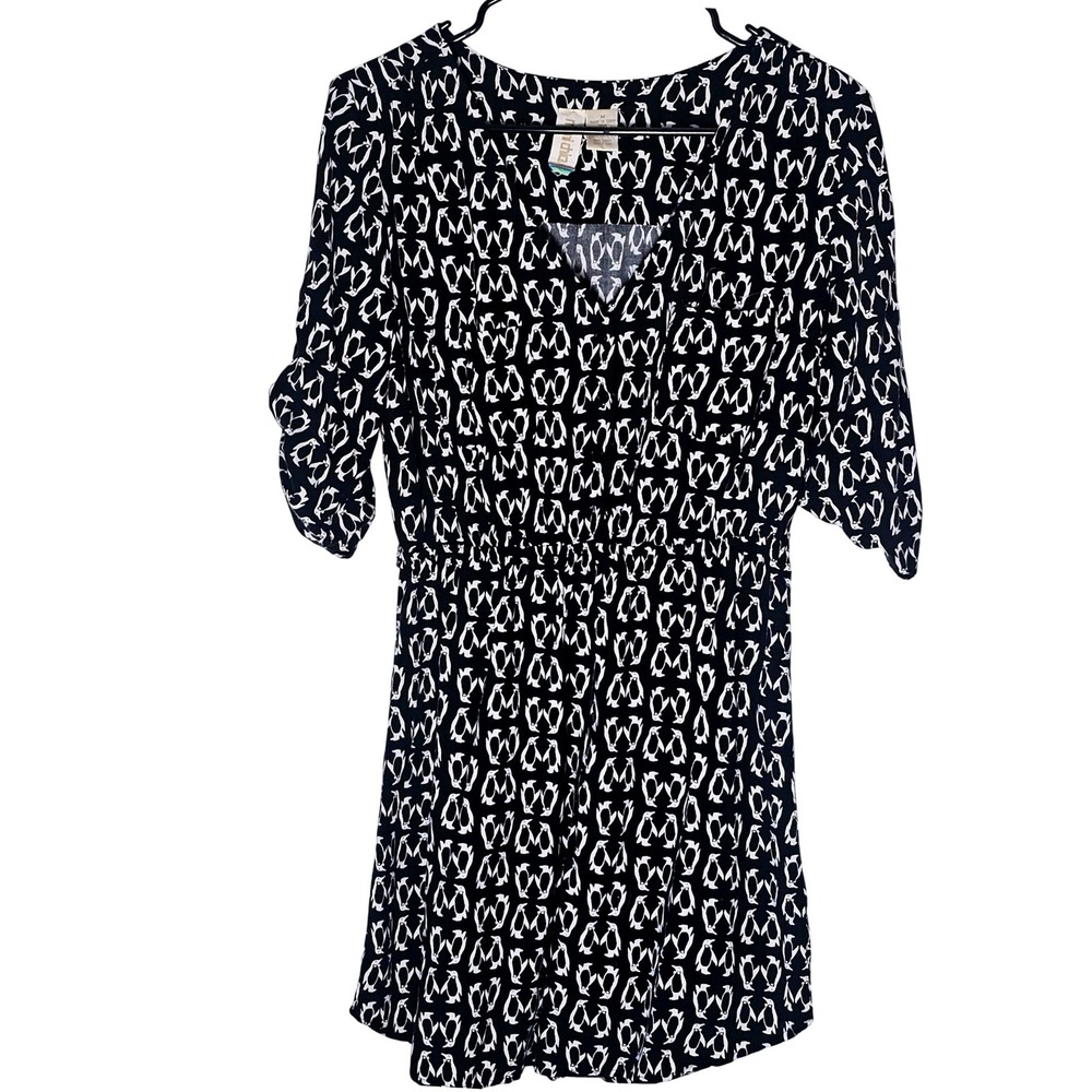 Mimi Chica‎ Penguin Print V-Neck Roll Tab Sleeve Dress Black White Medium Cute